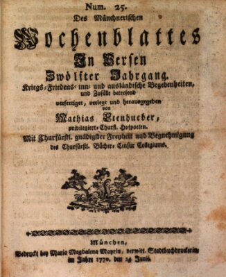 Münchnerisches Wochenblatt In Versen Dienstag 26. Juni 1770