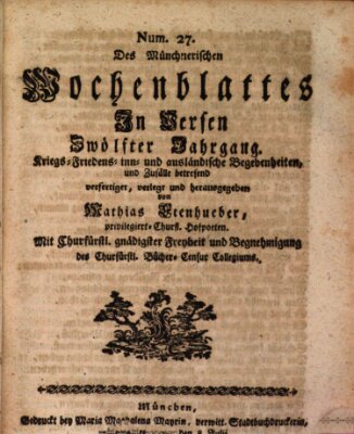 Münchnerisches Wochenblatt In Versen Sonntag 8. Juli 1770