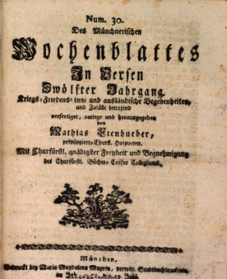 Münchnerisches Wochenblatt In Versen Sonntag 29. Juli 1770