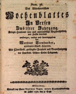 Münchnerisches Wochenblatt In Versen Sunday 9. September 1770