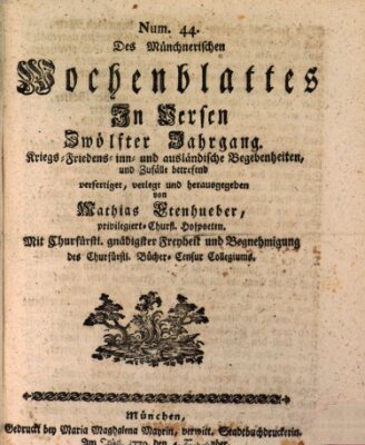 Münchnerisches Wochenblatt In Versen Sonntag 4. November 1770