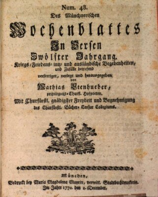 Münchnerisches Wochenblatt In Versen Sonntag 2. Dezember 1770