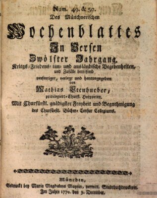 Münchnerisches Wochenblatt In Versen Sonntag 9. Dezember 1770