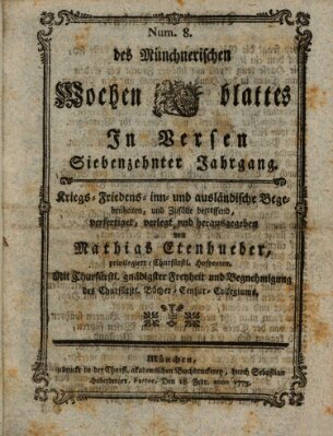 Münchnerisches Wochenblatt In Versen Samstag 18. Februar 1775