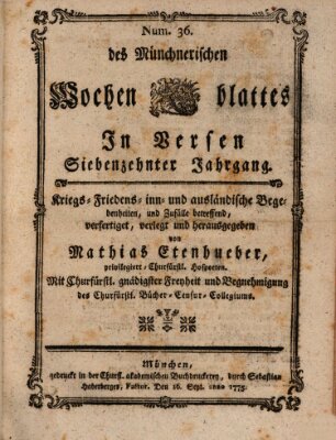 Münchnerisches Wochenblatt In Versen Mittwoch 16. August 1775