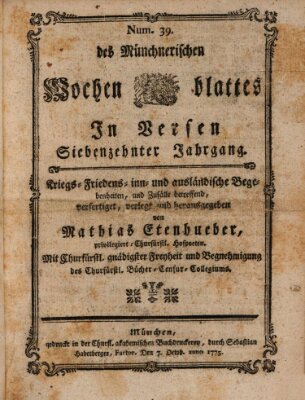 Münchnerisches Wochenblatt In Versen Samstag 7. Oktober 1775