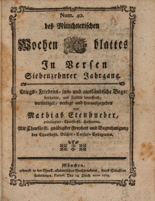 Münchnerisches Wochenblatt In Versen Samstag 14. Oktober 1775