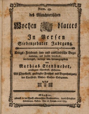 Münchnerisches Wochenblatt In Versen Samstag 16. Dezember 1775