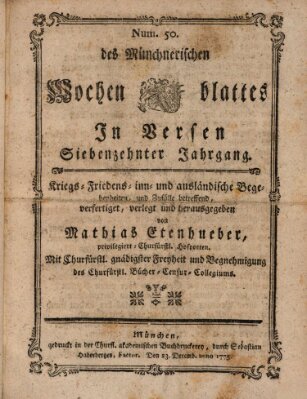 Münchnerisches Wochenblatt In Versen Samstag 23. Dezember 1775