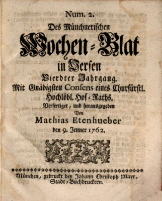 Münchnerisches Wochenblatt In Versen Samstag 9. Januar 1762