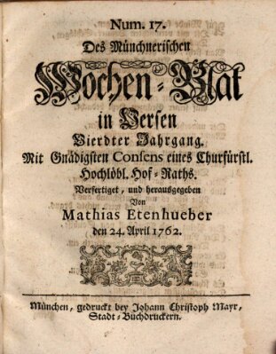 Münchnerisches Wochenblatt In Versen Samstag 24. April 1762