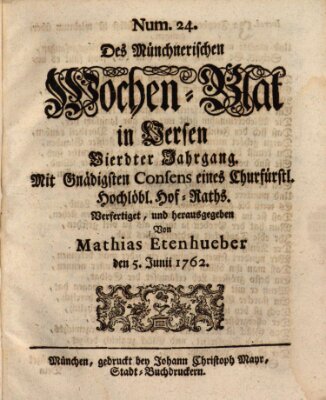 Münchnerisches Wochenblatt In Versen Samstag 5. Juni 1762