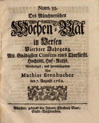 Münchnerisches Wochenblatt In Versen Samstag 7. August 1762