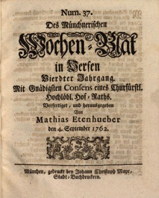 Münchnerisches Wochenblatt In Versen Samstag 4. September 1762