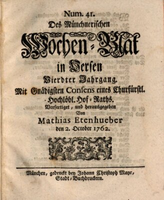 Münchnerisches Wochenblatt In Versen Samstag 2. Oktober 1762