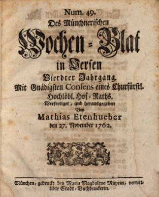 Münchnerisches Wochenblatt In Versen Samstag 27. November 1762