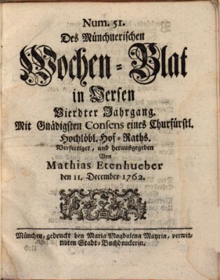 Münchnerisches Wochenblatt In Versen Samstag 11. Dezember 1762