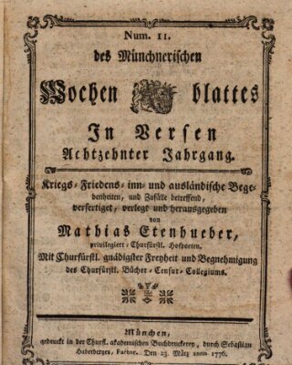 Münchnerisches Wochenblatt In Versen Samstag 23. März 1776