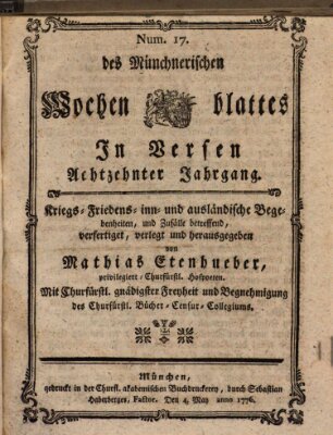 Münchnerisches Wochenblatt In Versen Samstag 4. Mai 1776