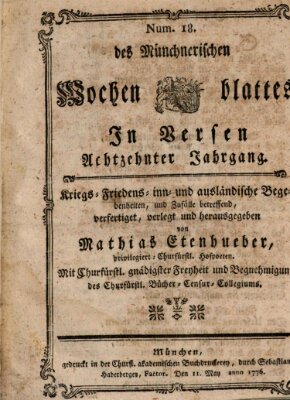 Münchnerisches Wochenblatt In Versen Samstag 11. Mai 1776