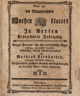 Münchnerisches Wochenblatt In Versen Samstag 29. Juni 1776