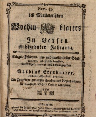 Münchnerisches Wochenblatt In Versen Samstag 30. November 1776