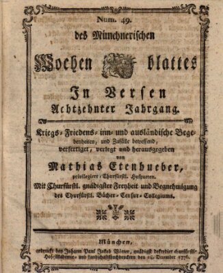 Münchnerisches Wochenblatt In Versen Samstag 28. Dezember 1776