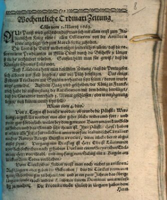 Wochentliche Ordinari Zeitung Donnerstag 1. März 1663