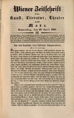 Wiener Zeitschrift für Kunst, Literatur, Theater und Mode Donnerstag 28. April 1836