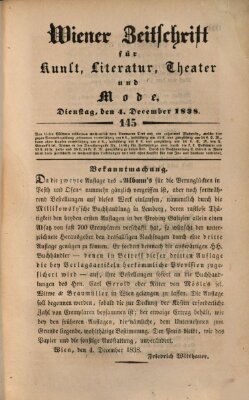 Wiener Zeitschrift für Kunst, Literatur, Theater und Mode Dienstag 4. Dezember 1838