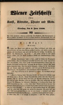 Wiener Zeitschrift für Kunst, Literatur, Theater und Mode Dienstag 9. Juni 1840