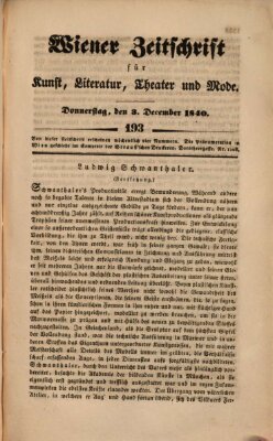 Wiener Zeitschrift für Kunst, Literatur, Theater und Mode Donnerstag 3. Dezember 1840