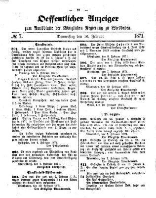 Amtsblatt der Regierung in Wiesbaden (Herzoglich-nassauisches allgemeines Intelligenzblatt) Donnerstag 16. Februar 1871