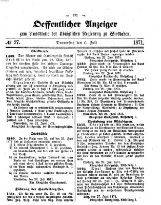 Amtsblatt der Regierung in Wiesbaden (Herzoglich-nassauisches allgemeines Intelligenzblatt) Donnerstag 6. Juli 1871