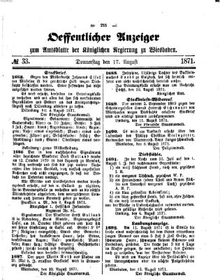 Amtsblatt der Regierung in Wiesbaden (Herzoglich-nassauisches allgemeines Intelligenzblatt) Donnerstag 17. August 1871