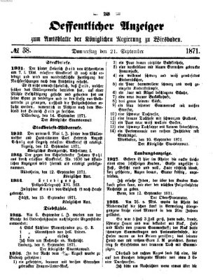 Amtsblatt der Regierung in Wiesbaden (Herzoglich-nassauisches allgemeines Intelligenzblatt) Donnerstag 21. September 1871