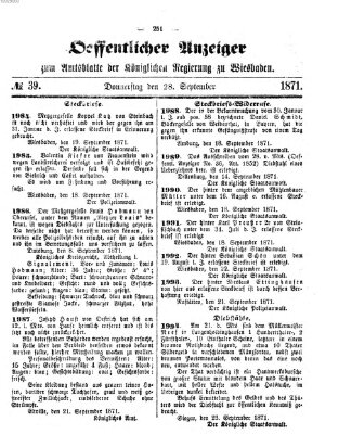 Amtsblatt der Regierung in Wiesbaden (Herzoglich-nassauisches allgemeines Intelligenzblatt) Donnerstag 28. September 1871