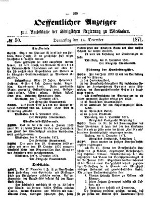 Amtsblatt der Regierung in Wiesbaden (Herzoglich-nassauisches allgemeines Intelligenzblatt) Donnerstag 14. Dezember 1871