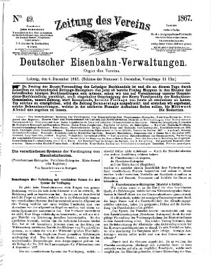 Zeitung des Vereins Deutscher Eisenbahnverwaltungen (Eisenbahn-Zeitung) Freitag 6. Dezember 1867