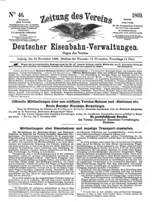 Zeitung des Vereins Deutscher Eisenbahnverwaltungen (Eisenbahn-Zeitung) Freitag 12. November 1869