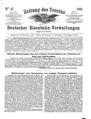 Zeitung des Vereins Deutscher Eisenbahnverwaltungen (Eisenbahn-Zeitung) Freitag 19. November 1869