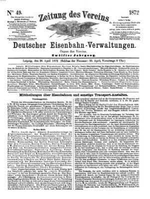 Zeitung des Vereins Deutscher Eisenbahnverwaltungen (Eisenbahn-Zeitung) Freitag 26. April 1872