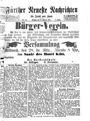 Fürther neueste Nachrichten für Stadt und Land (Fürther Abendzeitung) Dienstag 27. Februar 1872