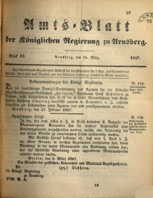 Amtsblatt für den Regierungsbezirk Arnsberg Samstag 20. März 1847