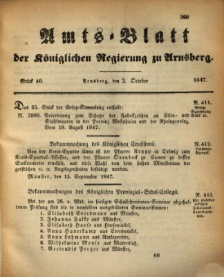 Amtsblatt für den Regierungsbezirk Arnsberg Samstag 2. Oktober 1847