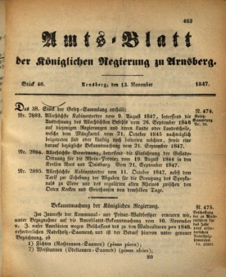 Amtsblatt für den Regierungsbezirk Arnsberg Samstag 13. November 1847