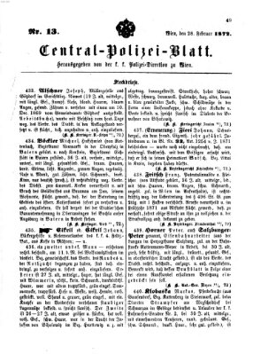 Zentralpolizeiblatt Mittwoch 28. Februar 1872