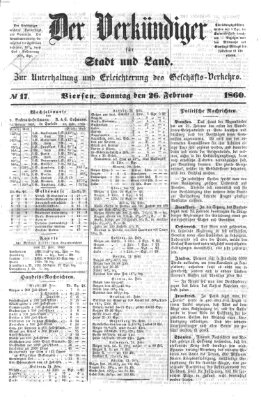 Der Verkündiger für Stadt und Land Sonntag 26. Februar 1860