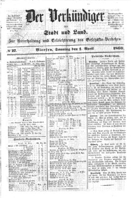 Der Verkündiger für Stadt und Land Sonntag 1. April 1860