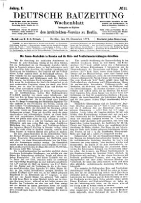 Deutsche Bauzeitung 〈Berlin〉 Donnerstag 21. Dezember 1871